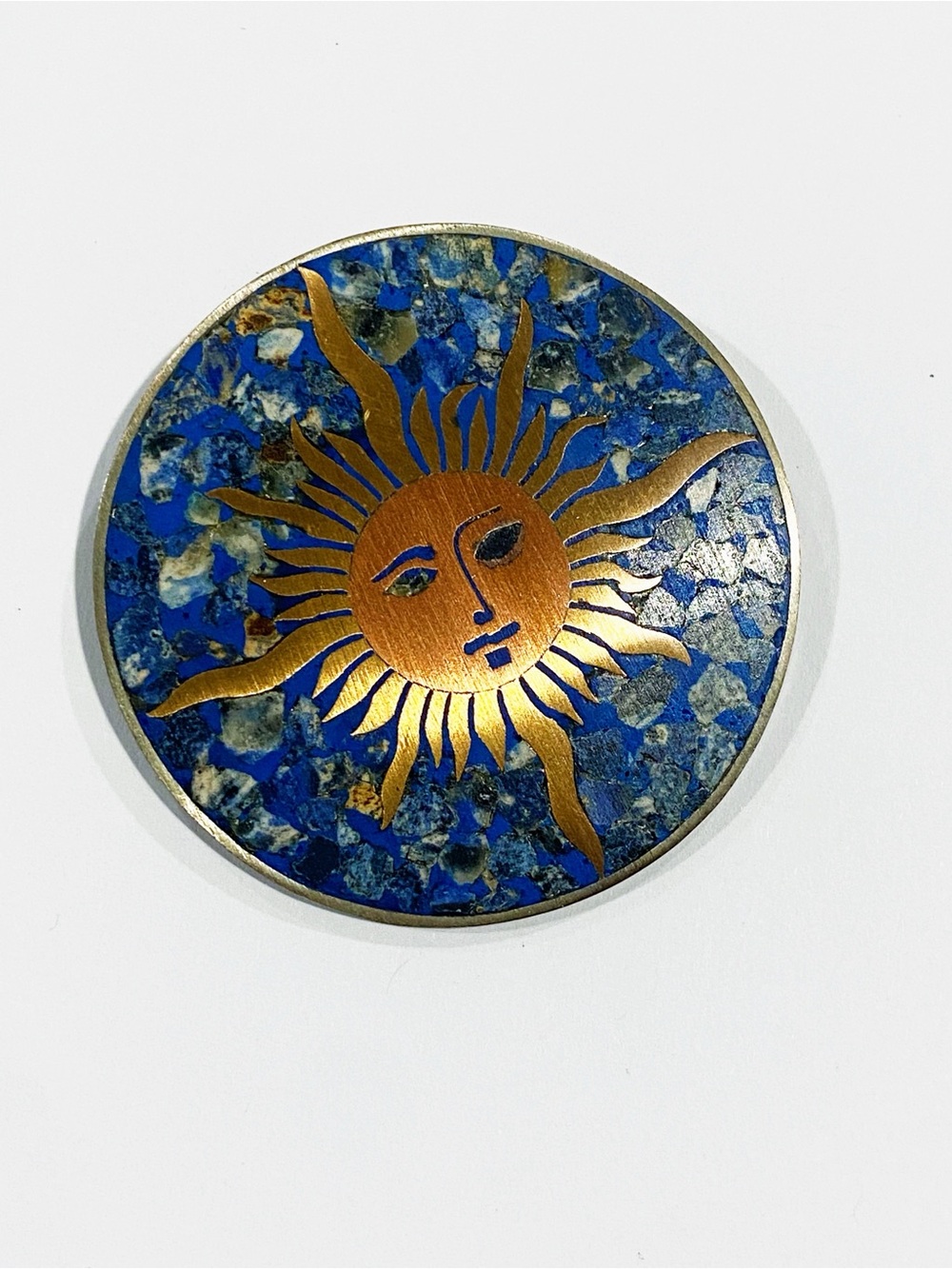 Taxco Sterling Silver Blue Lapis Copper Sun Accent Brooch Vintage and Signed